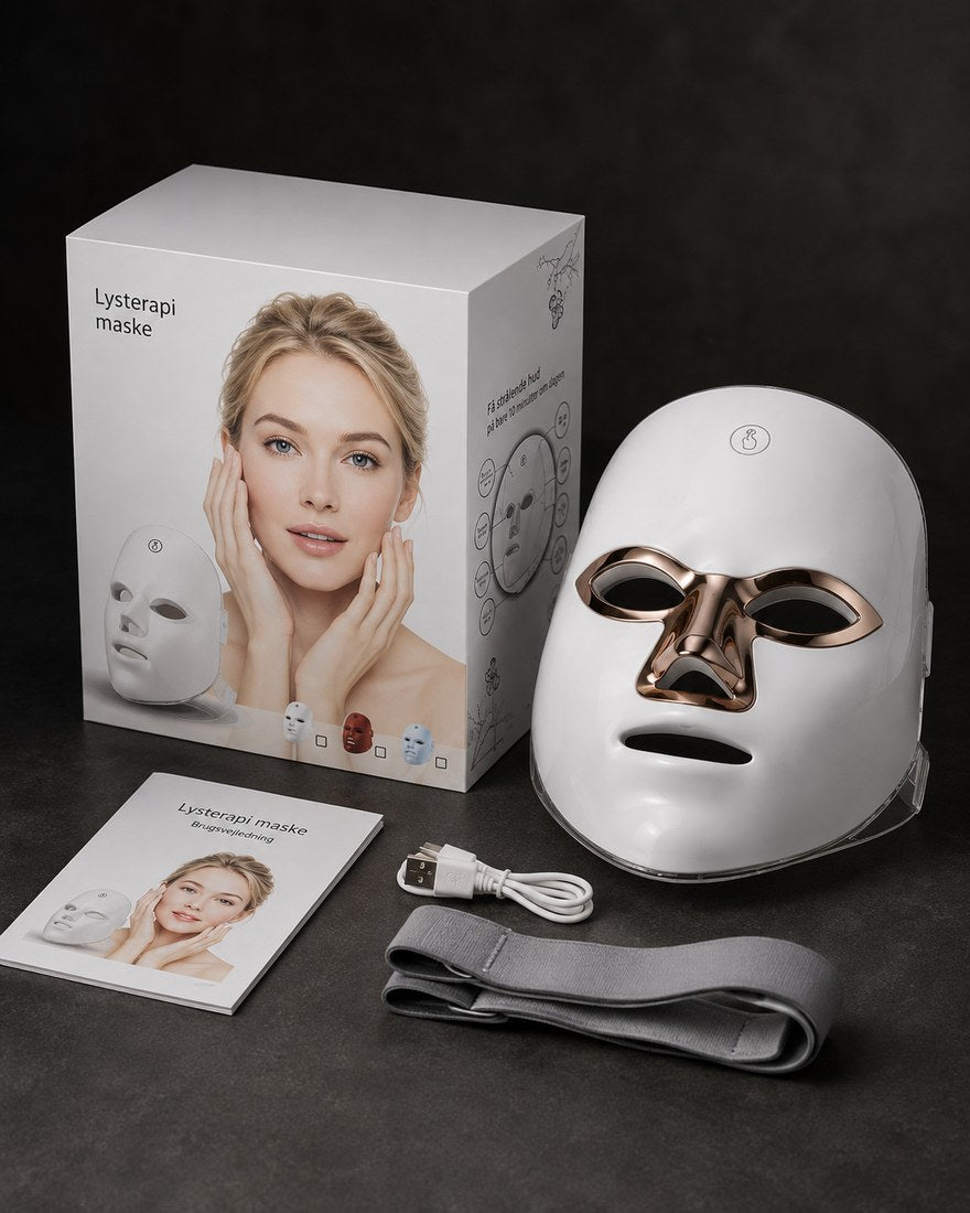 LUMORA æske med maske, brugsvejledning, rem og opladerkabel