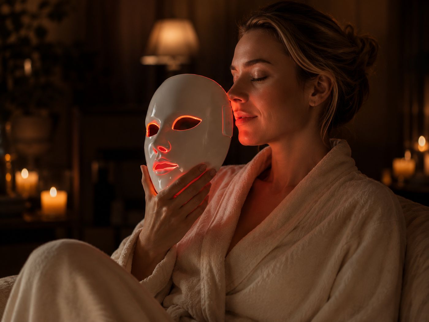 Kvinde holder den glødende LUMORA maske tæt til ansigtet i stearinlys